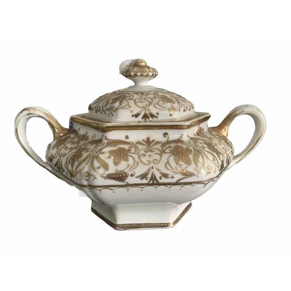 Vintage Nippon Gold Gilded Moriage Porcelain Hexagon Sugar Bowl Hand Painted Lid - Picture 5 of 14